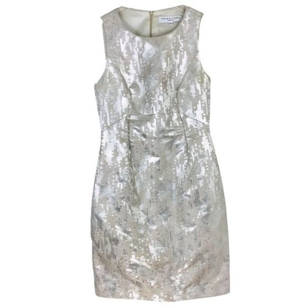 TRINA TURK Silver Metallic Sequin Print Sheath Dress Size 2